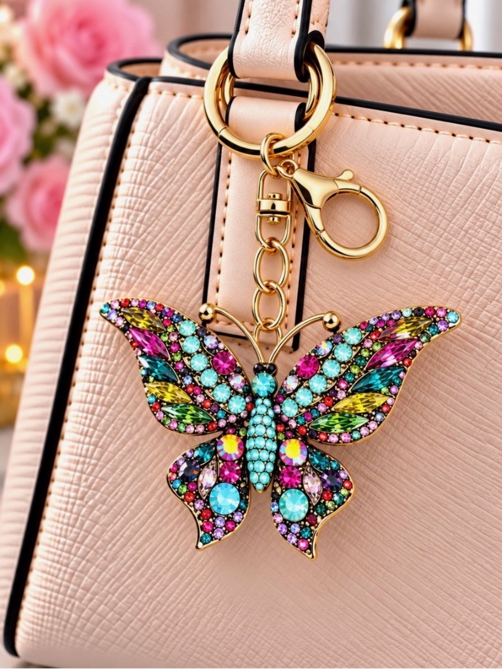 Multicolor Rhinestone Butterfly Bag Charm/Keyring - Gold Hardware - Picture 6 of 6